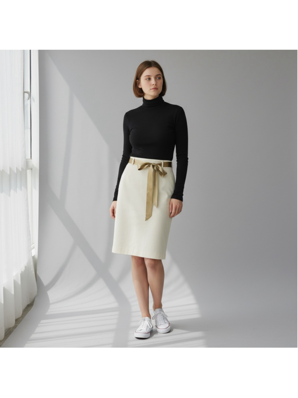 Size 12 Ann Taylor Cream Casual Pencil Skirt Gold Satin Belt Cotton Pockets